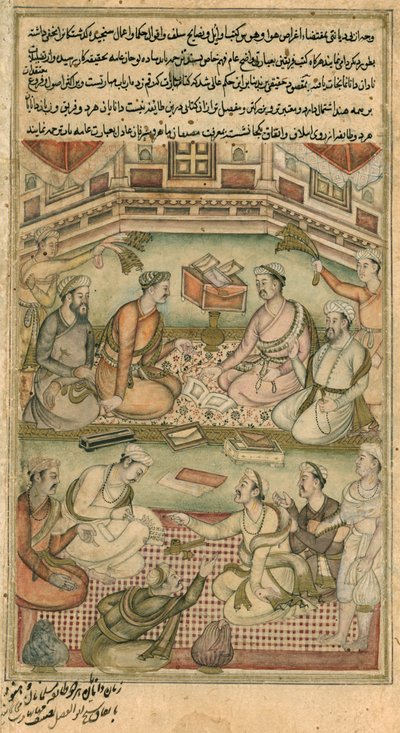 Eruditos hindúes y musulmanes traducen el Mahabharata del sánscrito al persa, de "El Raznama", 1598-99 de Persian School